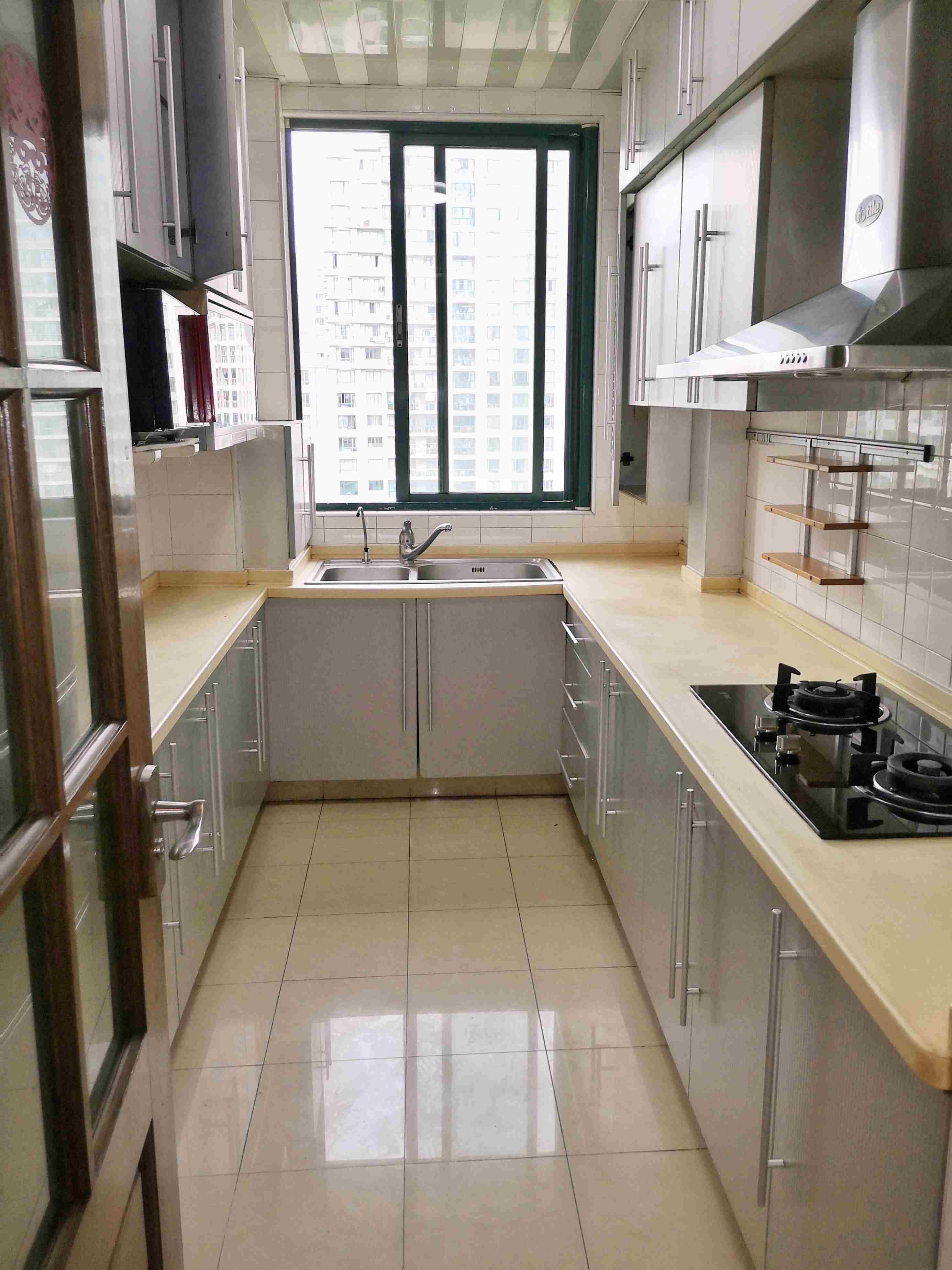 long kitchen Bright Spacious 3BR Apt for Rent nr Suzhou Creek in Shanghai