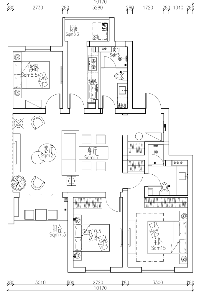 floor plan Bright 3BR FFC Apartment w Balcony nr LN 1/7/9 for Rent in Shanghai